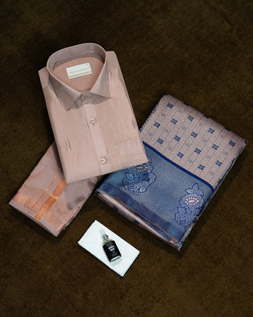 Copper Colour Shirt & Dhoti Set With Saree Couple Combo