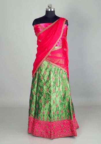Pink & Green Colour Embroidered Semi - Stitched Bridal Lehenga