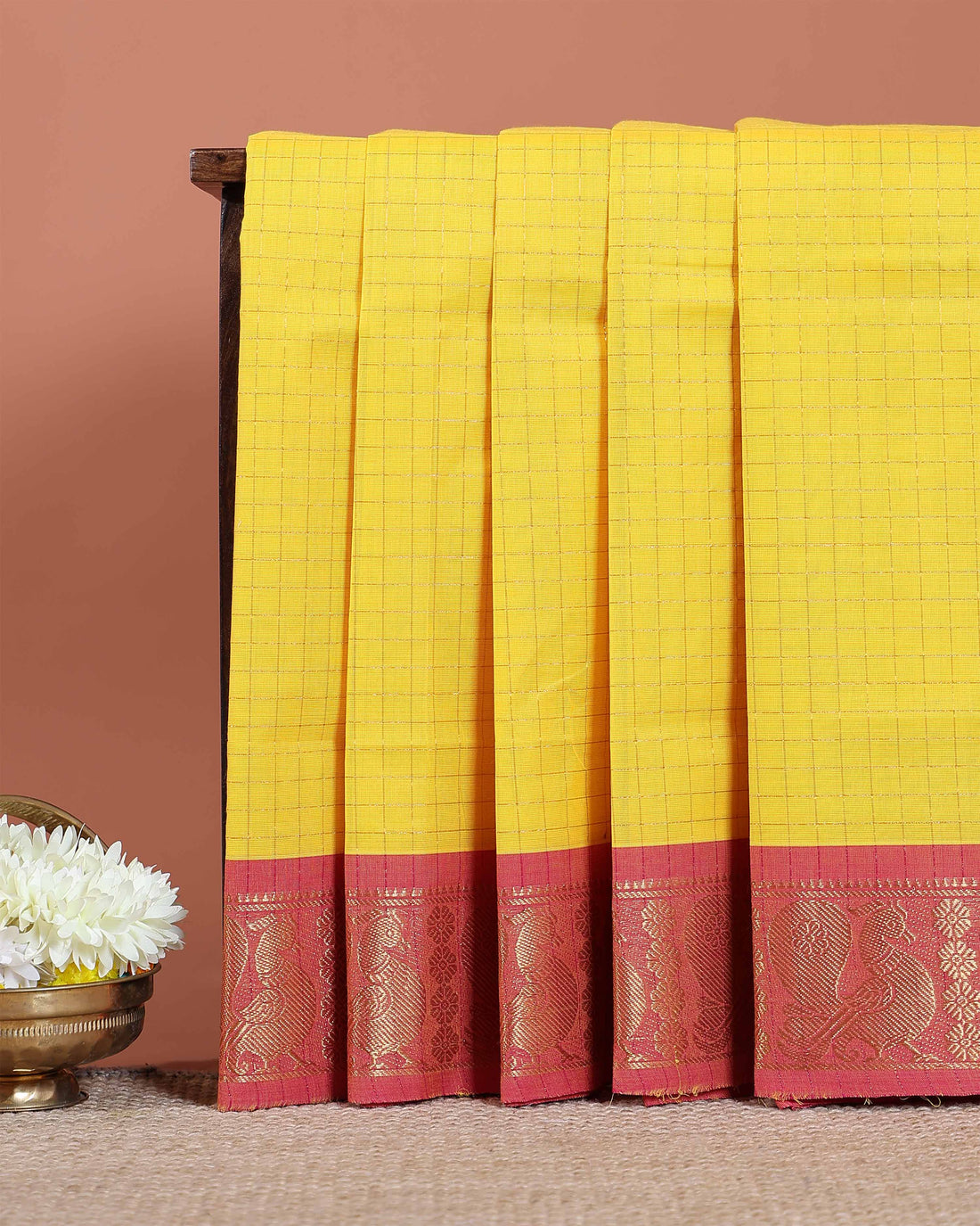 raditional Chettinad Cotton Saree with Checks and Contrasting Zari Woven Border - Yellow