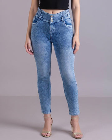 Women's High-Waisted Multi-Button Skinny Jeans - Blue