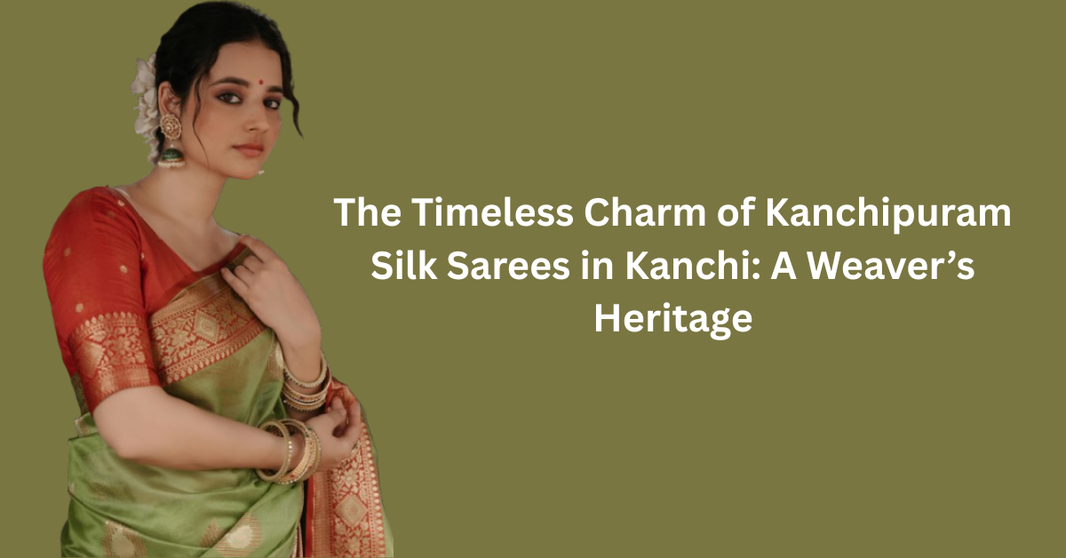Woman wearing a traditional green and red Kanchipuram silk saree with zari border.