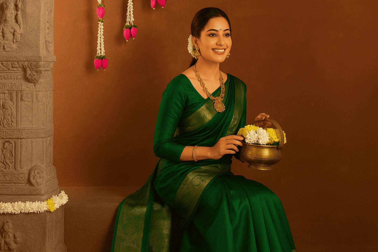 Elegant woman in a green pure Tussar silk saree with gold border, traditional jewelry, and flower decorations