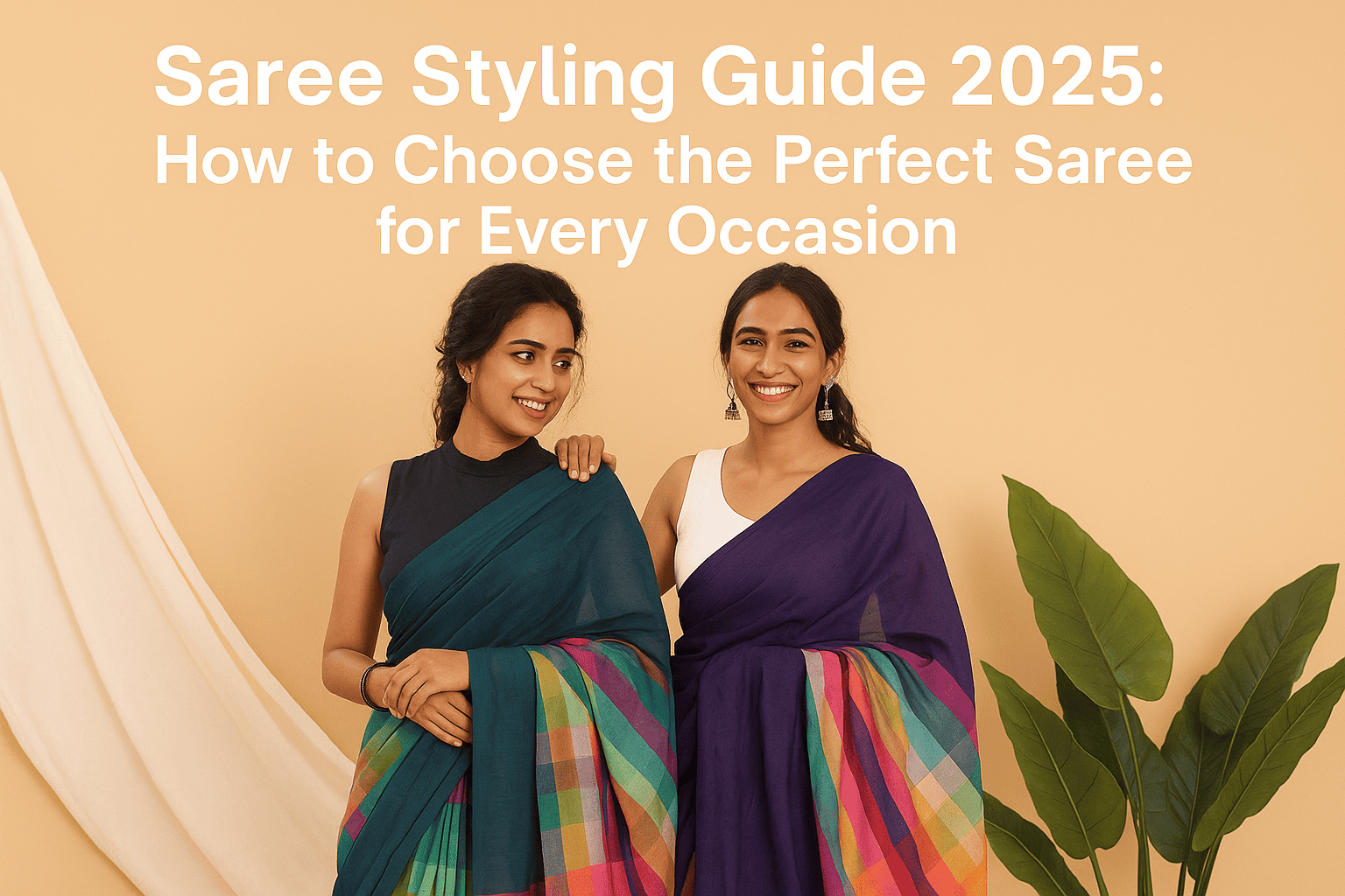 Two women wearing colorful sarees, styled for different occasions, representing Jeyachandran's Saree Styling Guide 2025.