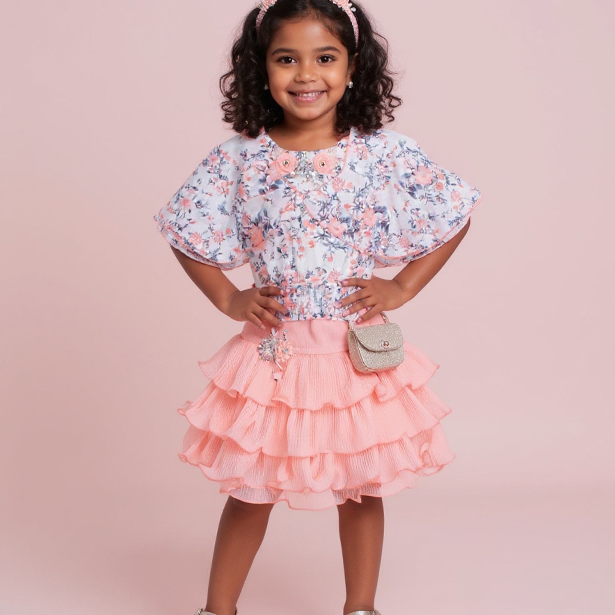 Girls' Ruffled Skirt and Floral Top Set with Embellished  - Peach