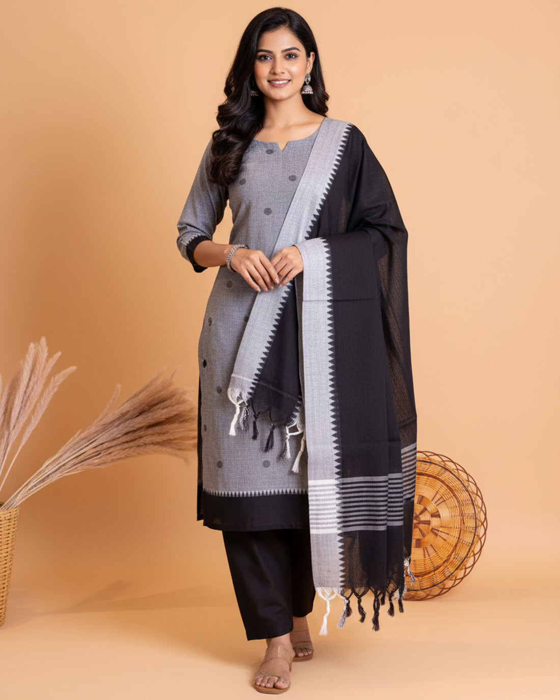 Women's Handloom Cotton Unstitched Salwar Suit Material with Woven Buttas and Temple Border - Grey