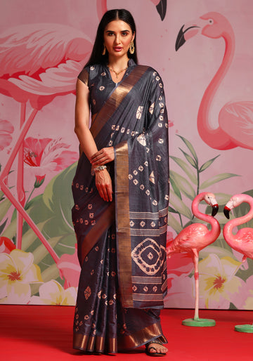 Dola Silk Blend Saree with Traditional Woven Design and Zari Border  - Grey