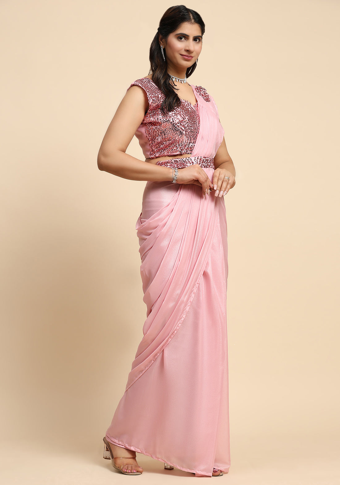 Ready To Wear Fancy Baby Pink Color Sarees