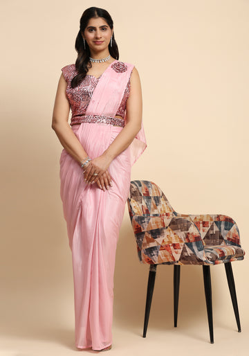 Ready To Wear Fancy Baby Pink Color Sarees