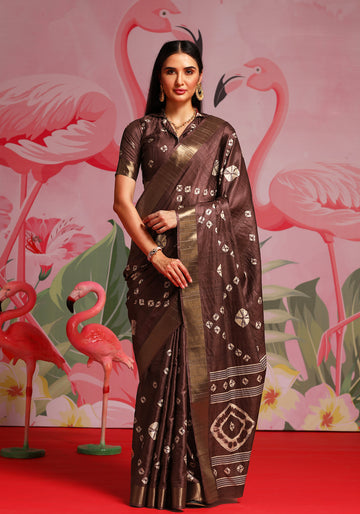 Printed Pattern Dola Saree - Brown