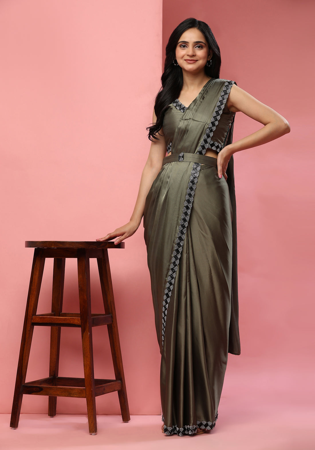 Ready To Wear Fancy Dark Grey Color Sarees