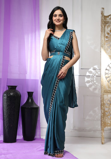 Ready To Wear Fancy Light Peacock Blue Color Sarees