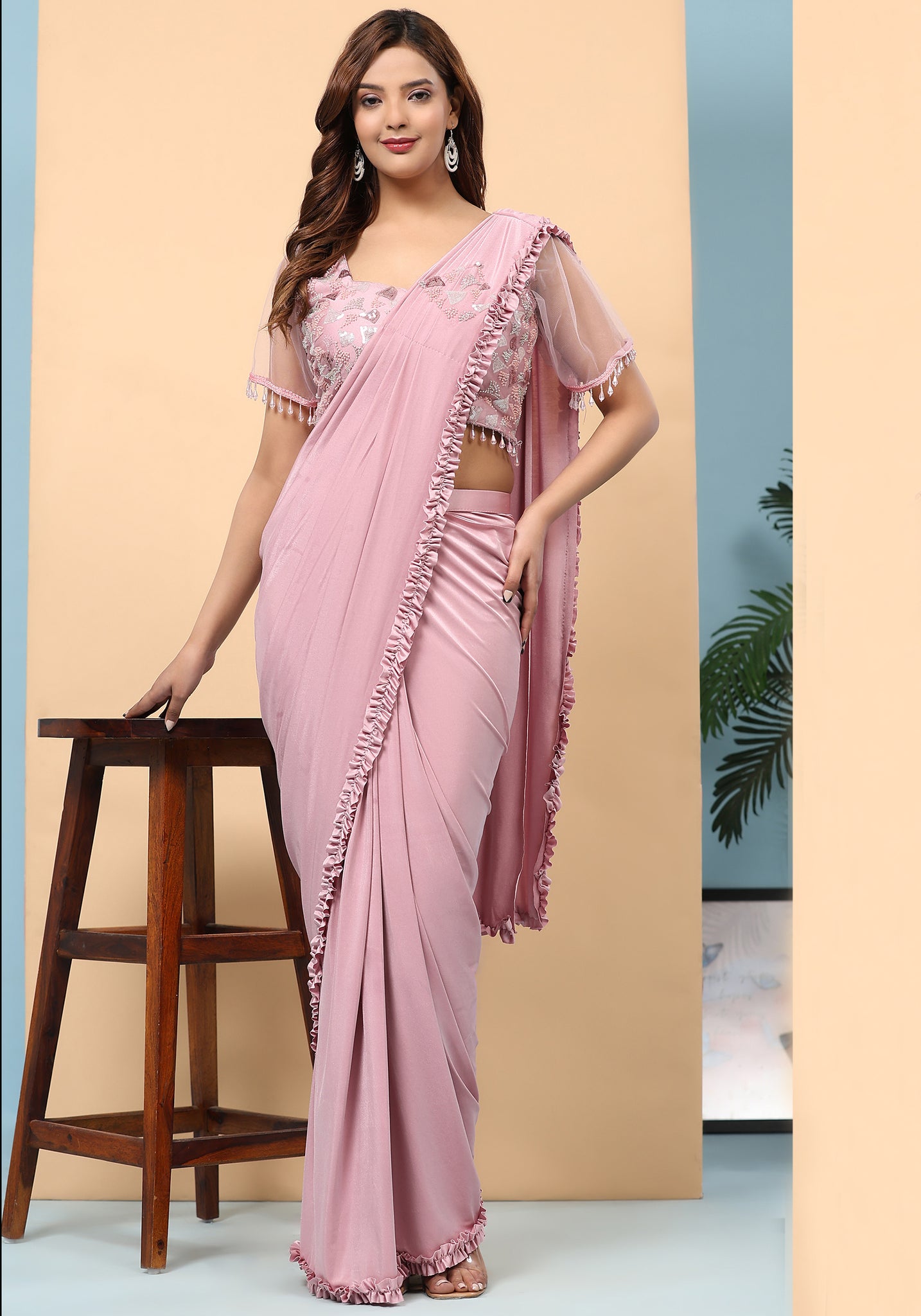 Ready To Wear Fancy Light Pink Color Saree