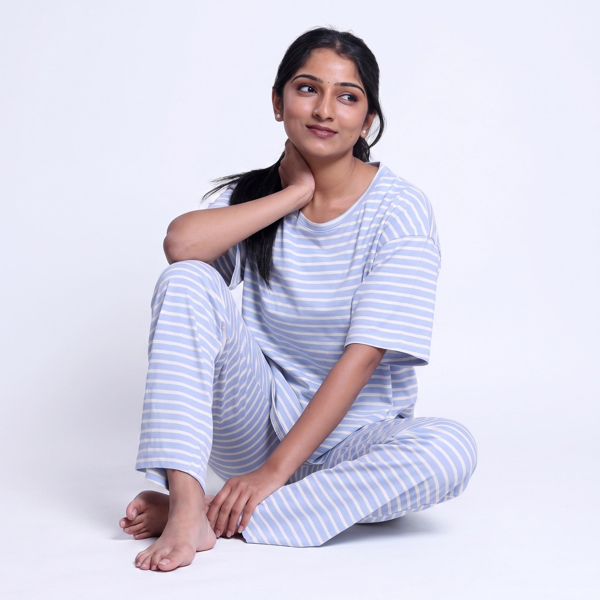 Women’s Cotton Striped Nightwear Set Short Sleeve Round Neck Top with Full Length Pajama Pants, Blue