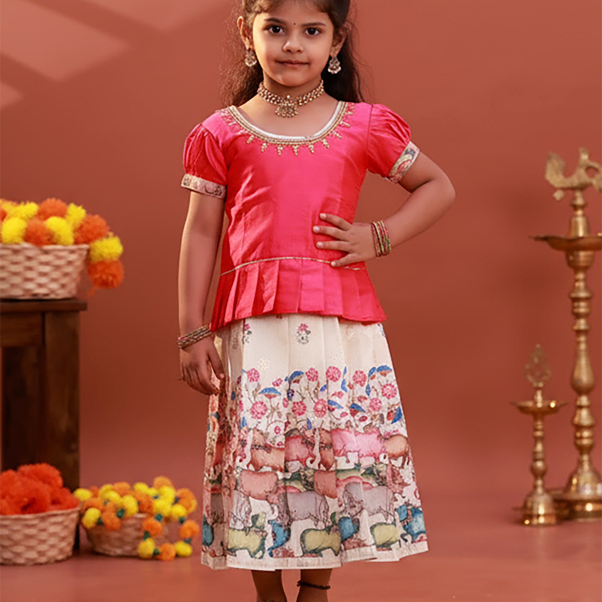 Kids Readymade Pattu Pavadai Set with Embellished Neck Puff Sleeve Blouse and Printed Skirt - Pink
