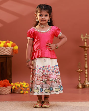 Kids Readymade Pattu Pavadai Set with Embellished Neck Puff Sleeve Blouse and Printed Skirt - Pink