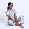 Women’s Printed Nightwear Set Short Sleeve Round Neck Top with Full Length Pajama Pants, Aqua Blue