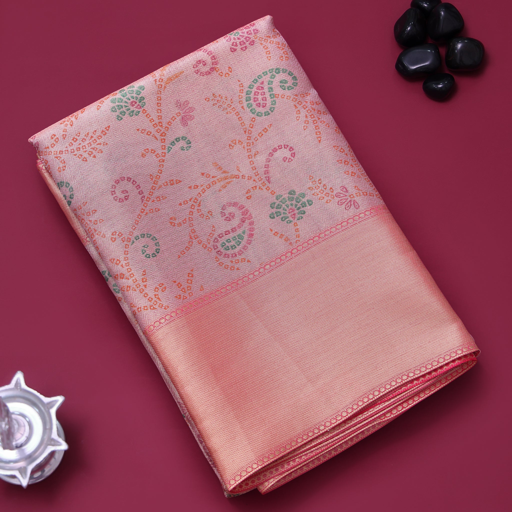 Ethnic Floral Printed Tissue Saree - Pink