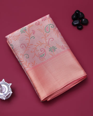 Ethnic Floral Printed Tissue Saree - Pink