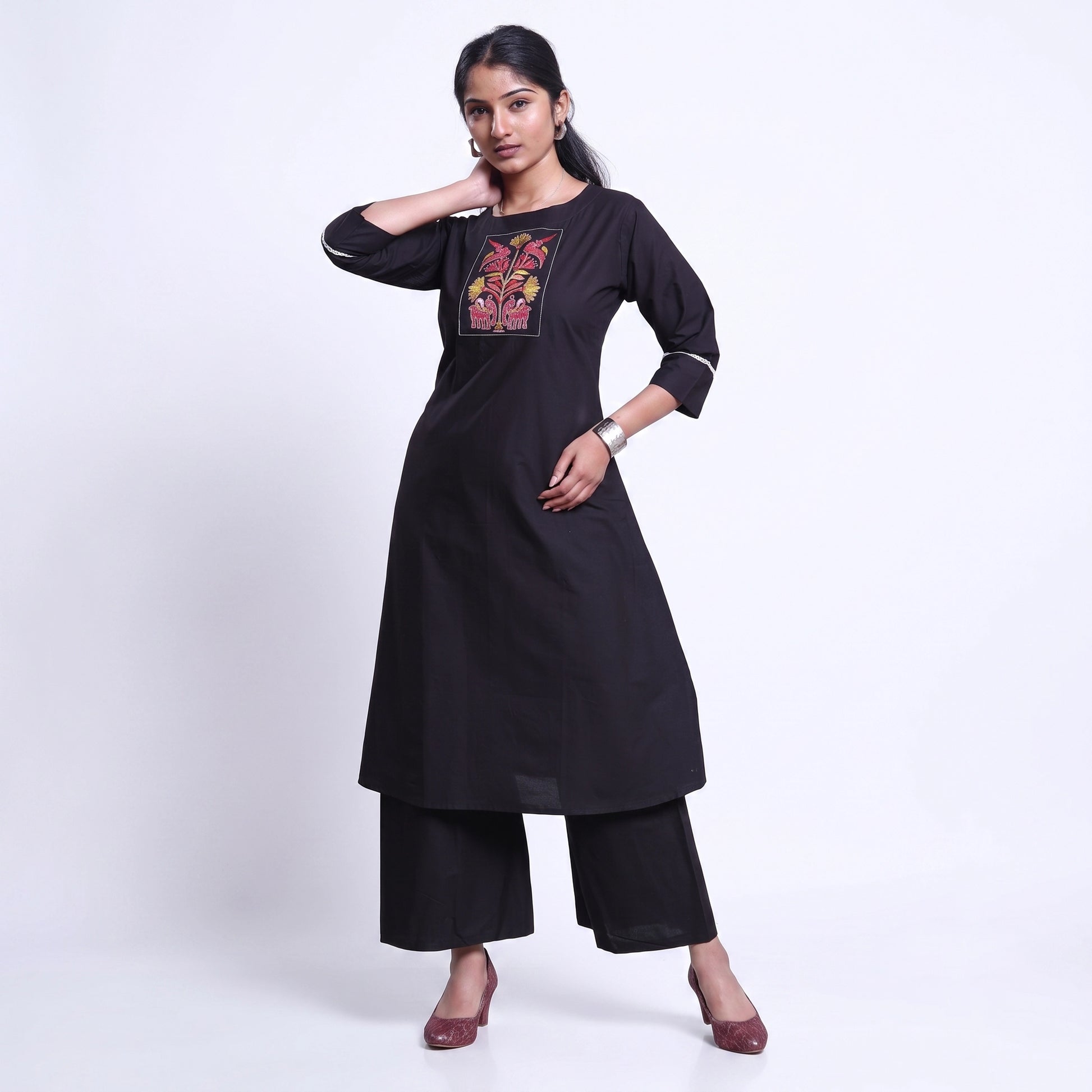 Women’s Elegant Straight Kurta Set with Intricate Embroidered Yoke 3/4th Sleeves and Comfortable Coordinated Pants, Black