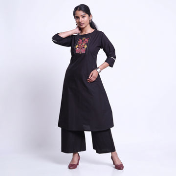Women’s Elegant Straight Kurta Set with Intricate Embroidered Yoke 3/4th Sleeves and Comfortable Coordinated Pants, Black