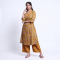 Elegant Women’s Floral Printed Kurta Set with V-Neck Kurta and Coordinated Wide Leg Pants, Yellow