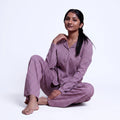 Women’s Cotton Striped Nightwear Set Short Sleeve Round Neck Top with Full Length Pajama Pants, Purple