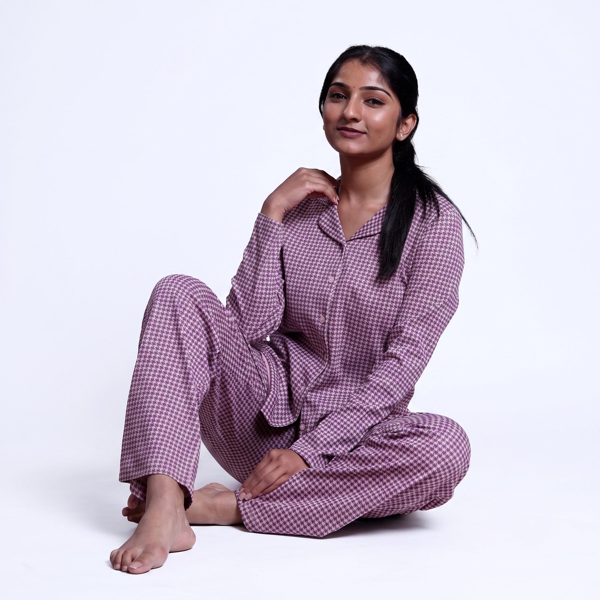 Women’s Cotton Striped Nightwear Set Short Sleeve Round Neck Top with Full Length Pajama Pants, Purple