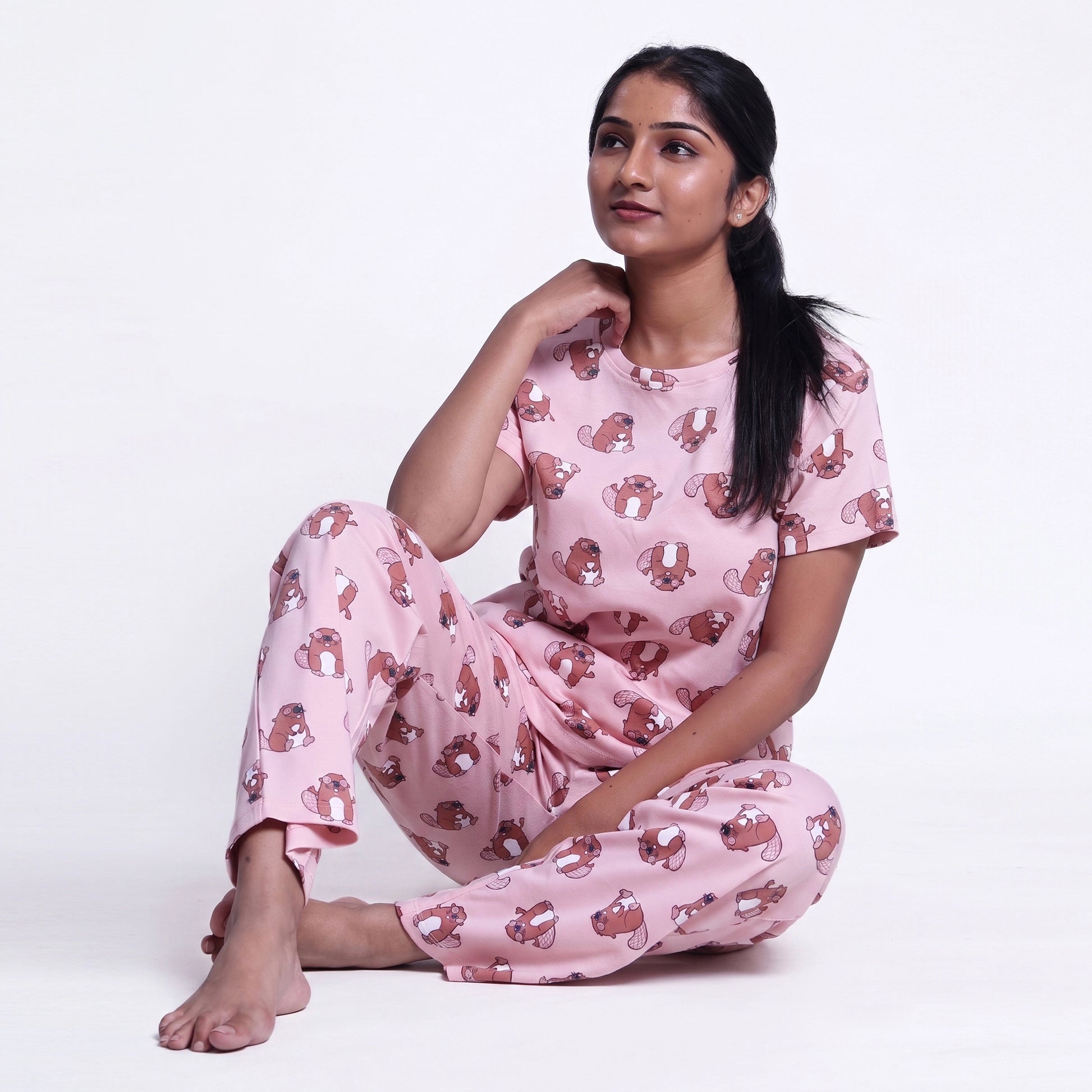 Women’s Printed Nightwear Set Short Sleeve Round Neck Top with Full Length Pajama Pants, Peach