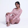 Women’s Cotton Striped Nightwear Set Short Sleeve Round Neck Top with Full Length Pajama Pants, Peach