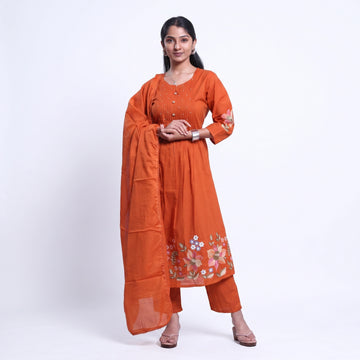 Women’s Readymade Embroidered Salwar Set with Dupatta Elegant Straight Fit Ethnic Wear with Floral Hem Detailing and 3/4th Sleeves - Pink
