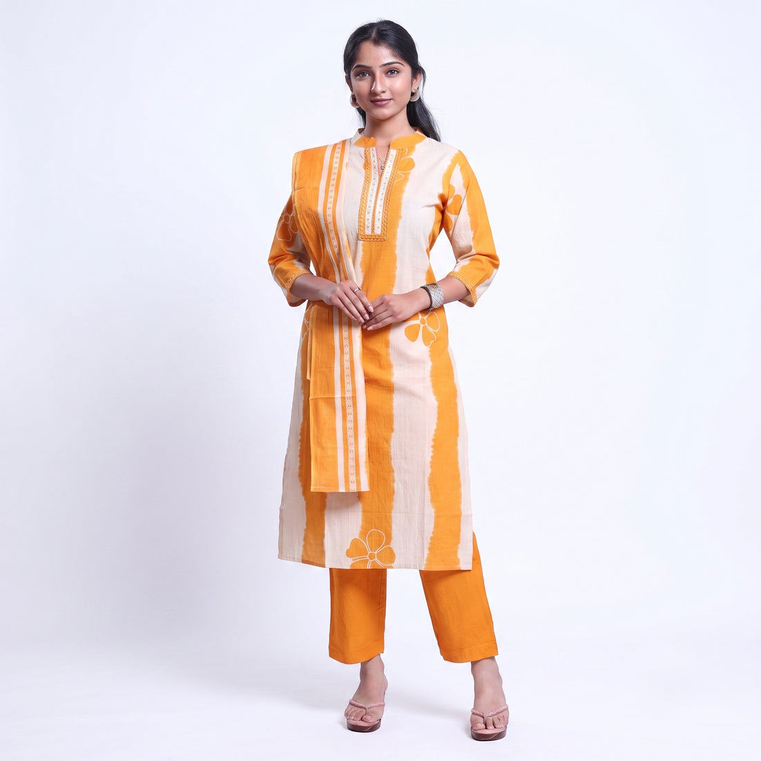 Kurta Pant Set with Matching Dupatta and Tie-Dye Pattern Yellow Full-Length Front View