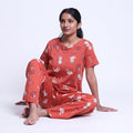 Women’s Printed Nightwear Set Short Sleeve Round Neck Top with Full Length Pajama Pants, Orange