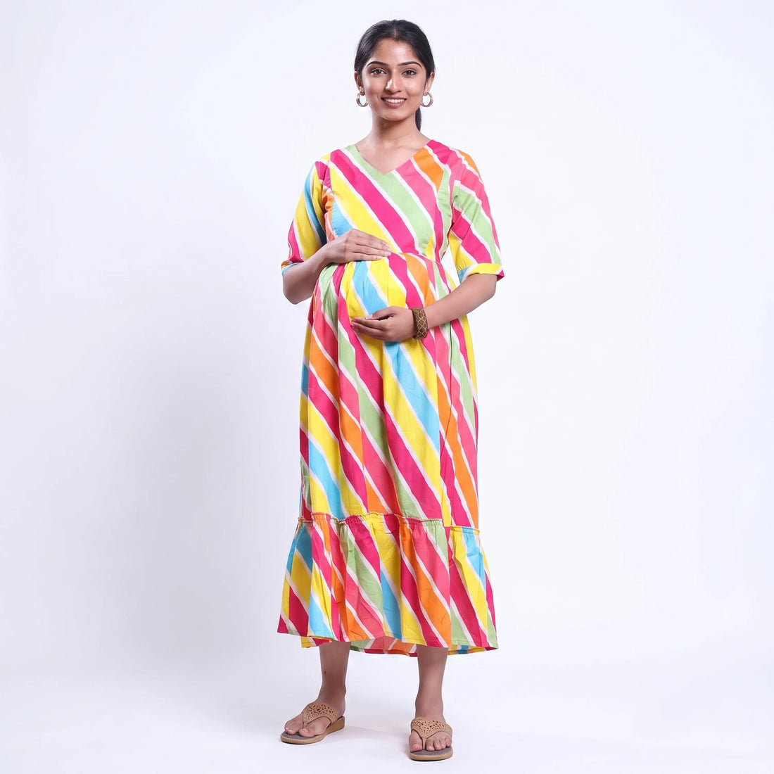 Women's striped maternity wear with tie-back waist and tiered hem multicolor back view on model