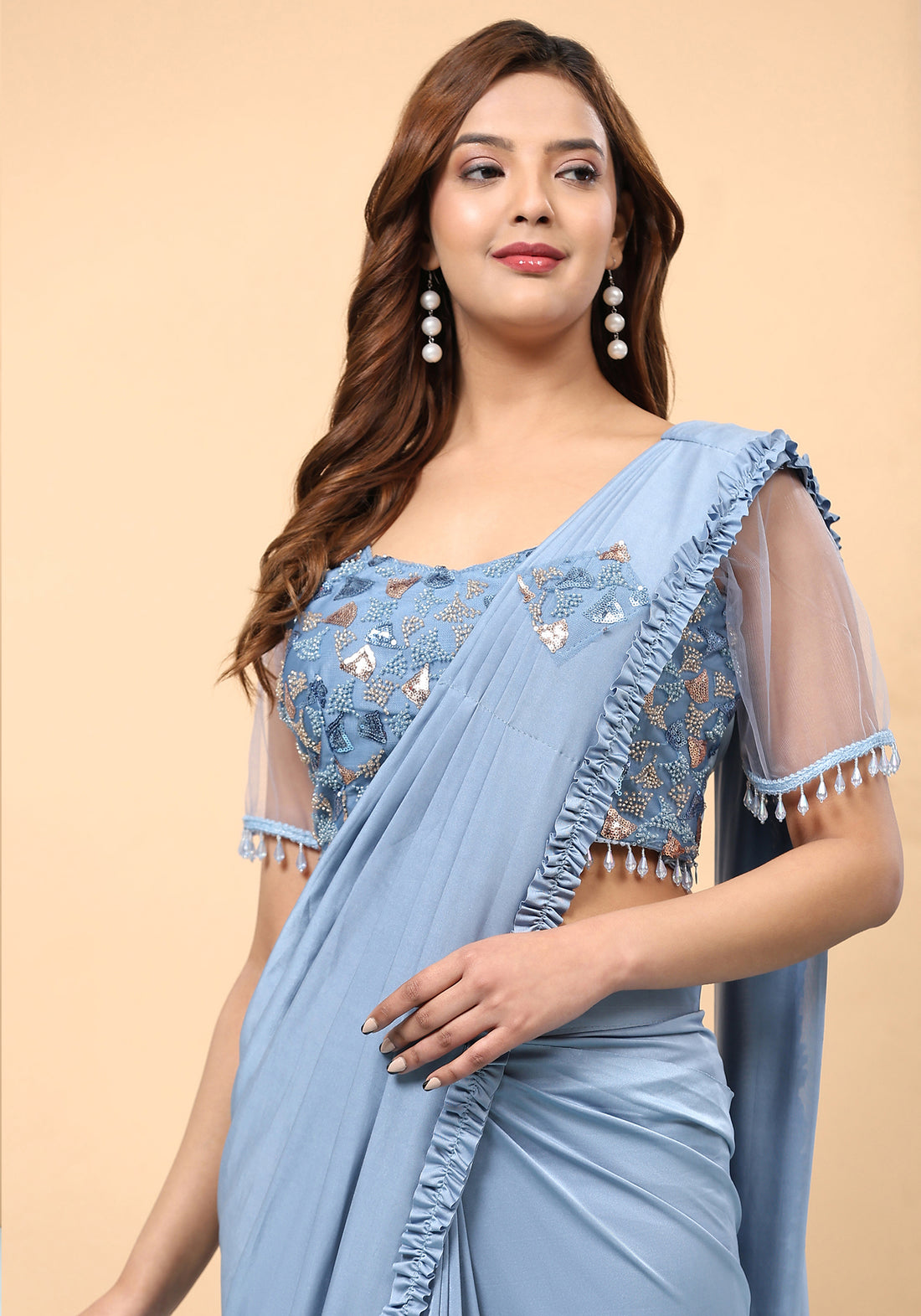 Ready To Wear Fancy Sea Blue Color Saree