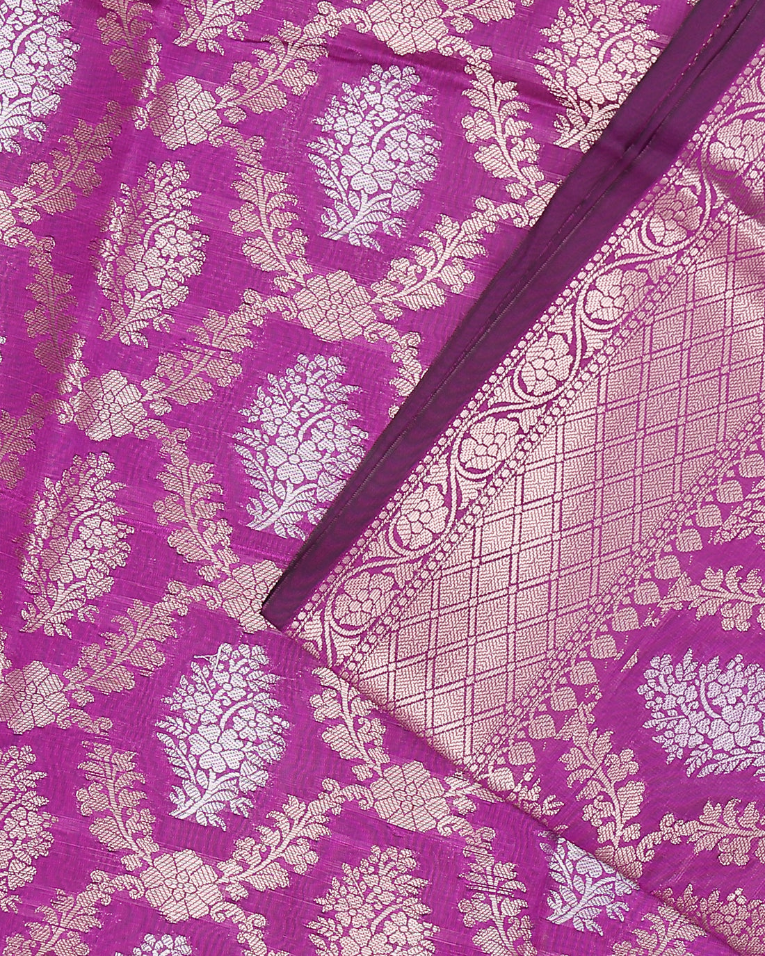 Floral Jacquard Tissue Saree With Contrast Zari Design Border & Floral Zari Design Pallu - Purple