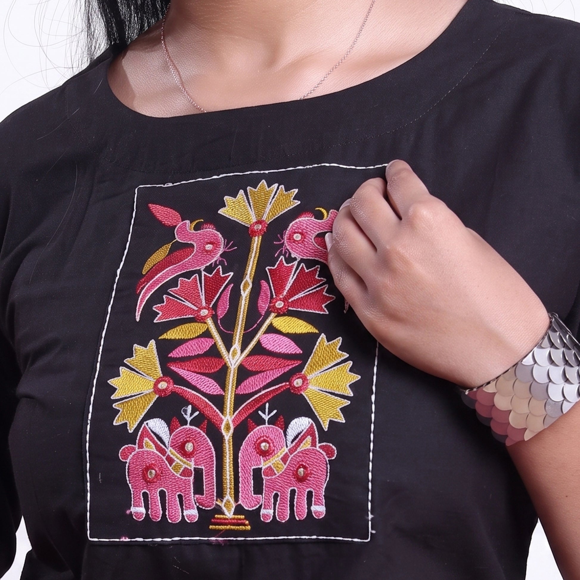 Women’s Elegant Straight Kurta Set with Intricate Embroidered Yoke 3/4th Sleeves and Comfortable Coordinated Pants, Black