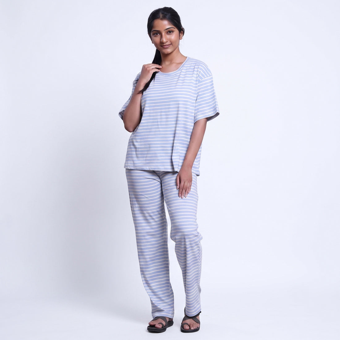 Women’s Cotton Striped Nightwear Set Short Sleeve Round Neck Top with Full Length Pajama Pants, Blue