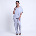 Women’s Cotton Striped Nightwear Set Short Sleeve Round Neck Top with Full Length Pajama Pants, Blue