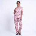 Women’s Printed Nightwear Set Short Sleeve Round Neck Top with Full Length Pajama Pants, Peach