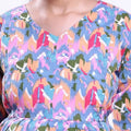 Women’s maternity wear dress with waist tie multicolor print short sleeves back view with relaxed fit