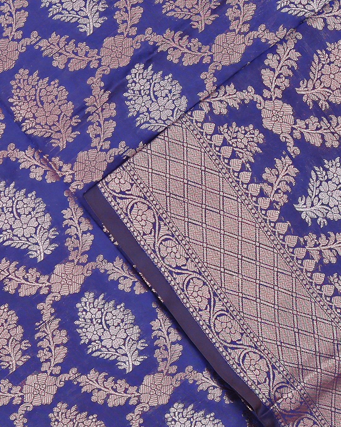 Floral Jacquard Tissue Saree With Contrast Zari Design Border & Floral Zari Design Pallu - Blue