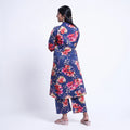 Elegant Women’s Floral Printed Kurta Set with V-Neck Kurta and Coordinated Wide Leg Pants, Dark Blue