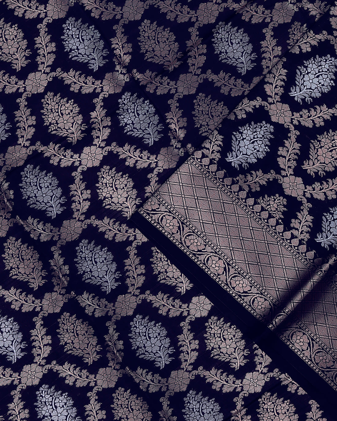 Floral Jacquard Tissue Saree With Contrast Zari Design Border & Floral Zari Design Pallu - Navy Blue