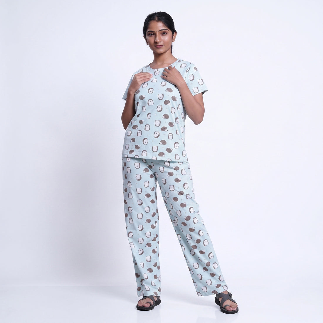 Women’s Printed Nightwear Set Short Sleeve Round Neck Top with Full Length Pajama Pants, Aqua Blue