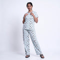Women’s Printed Nightwear Set Short Sleeve Round Neck Top with Full Length Pajama Pants, Aqua Blue