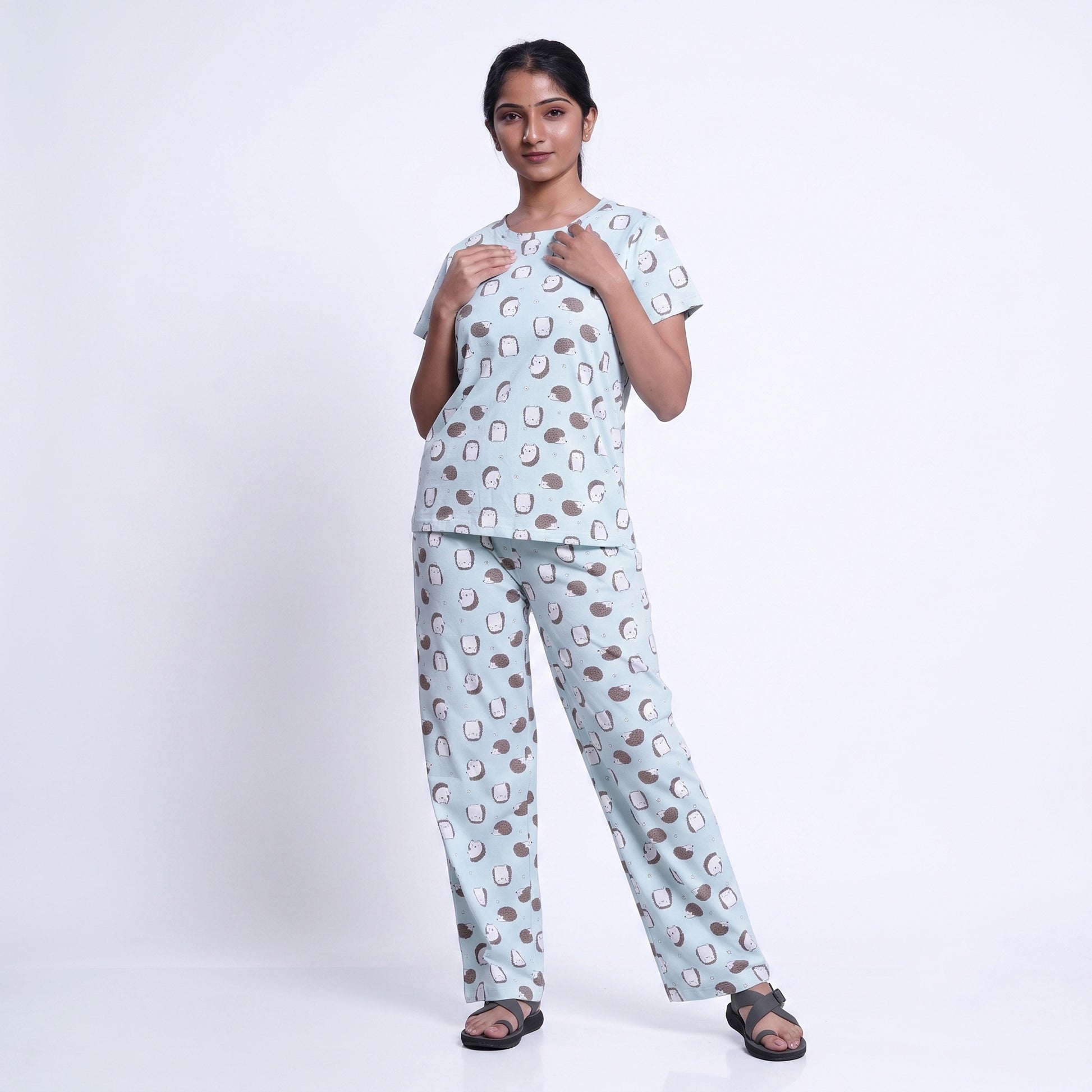 Women’s Printed Nightwear Set Short Sleeve Round Neck Top with Full Length Pajama Pants, Aqua Blue