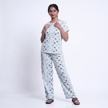 Women’s Printed Nightwear Set Short Sleeve Round Neck Top with Full Length Pajama Pants, Aqua Blue