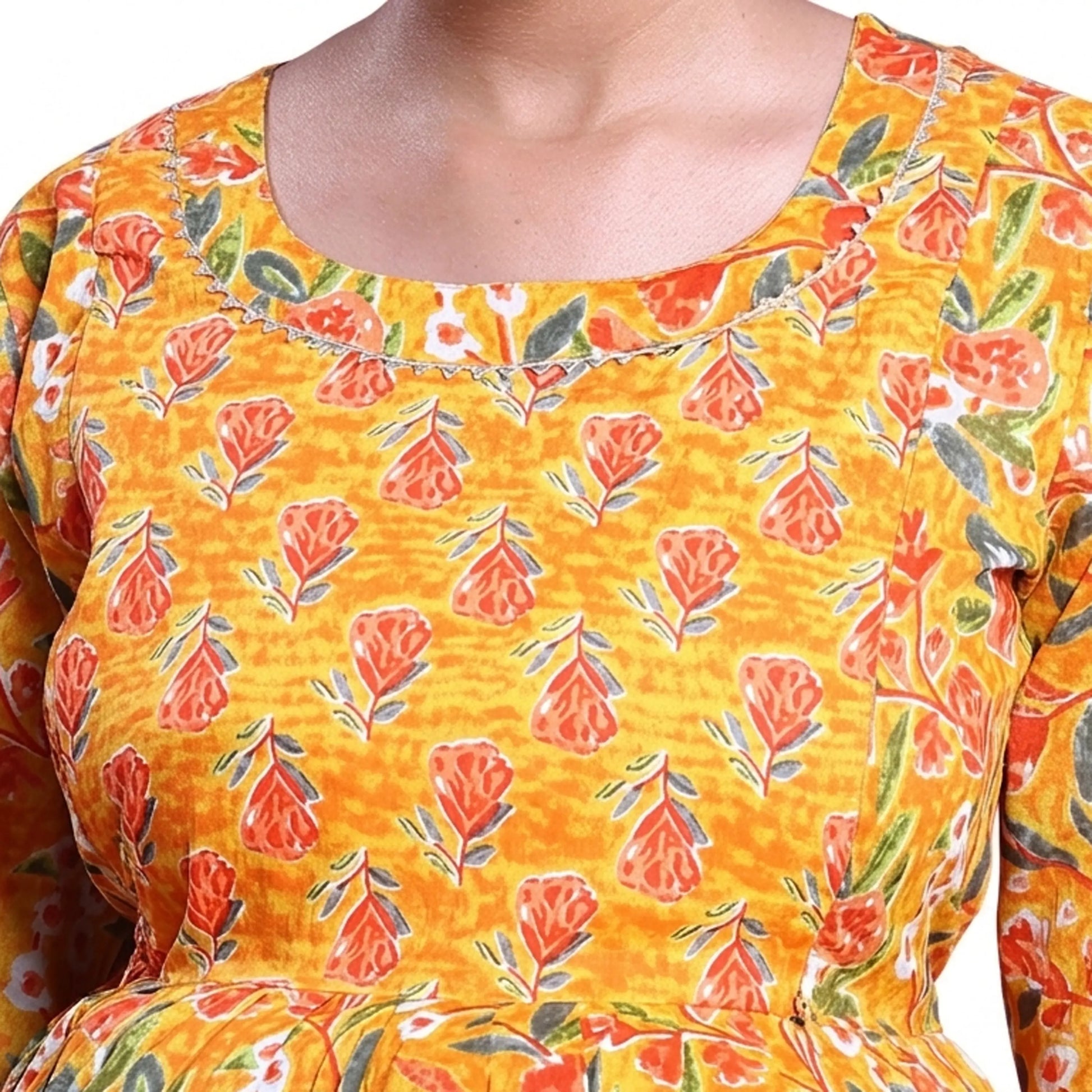 Yellow printed maternity wear with empire waist and three quarter sleeves front view 