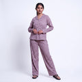 Women’s Cotton Striped Nightwear Set Short Sleeve Round Neck Top with Full Length Pajama Pants, Purple