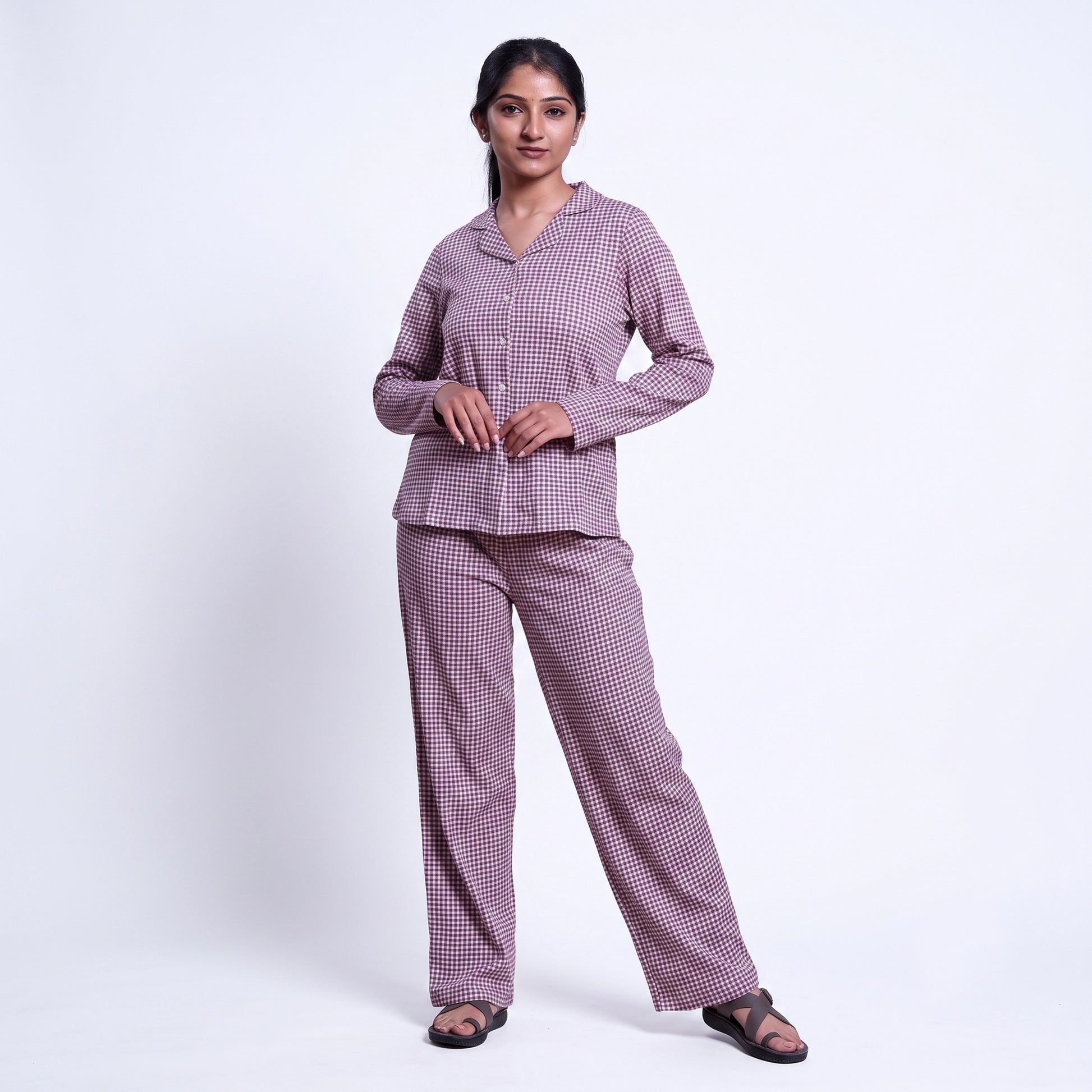 Women’s Cotton Striped Nightwear Set Short Sleeve Round Neck Top with Full Length Pajama Pants, Purple